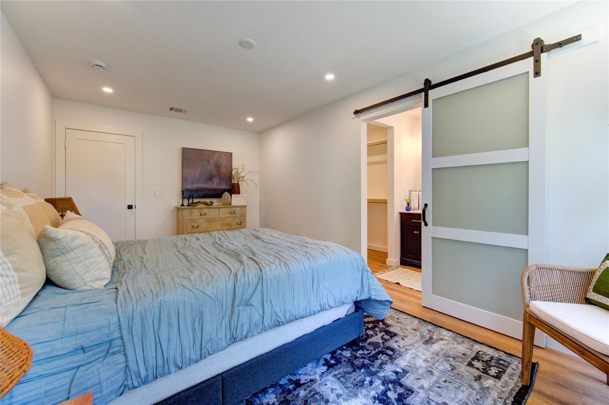 Bedroom, Interior, Recessed Lighting, Wood Texture Flooring