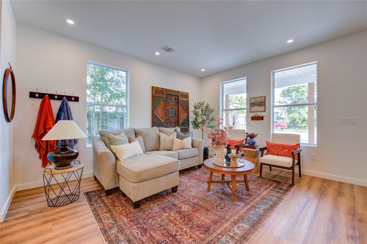 Interior, Living room, Recessed Lighting, Wood Texture Flooring