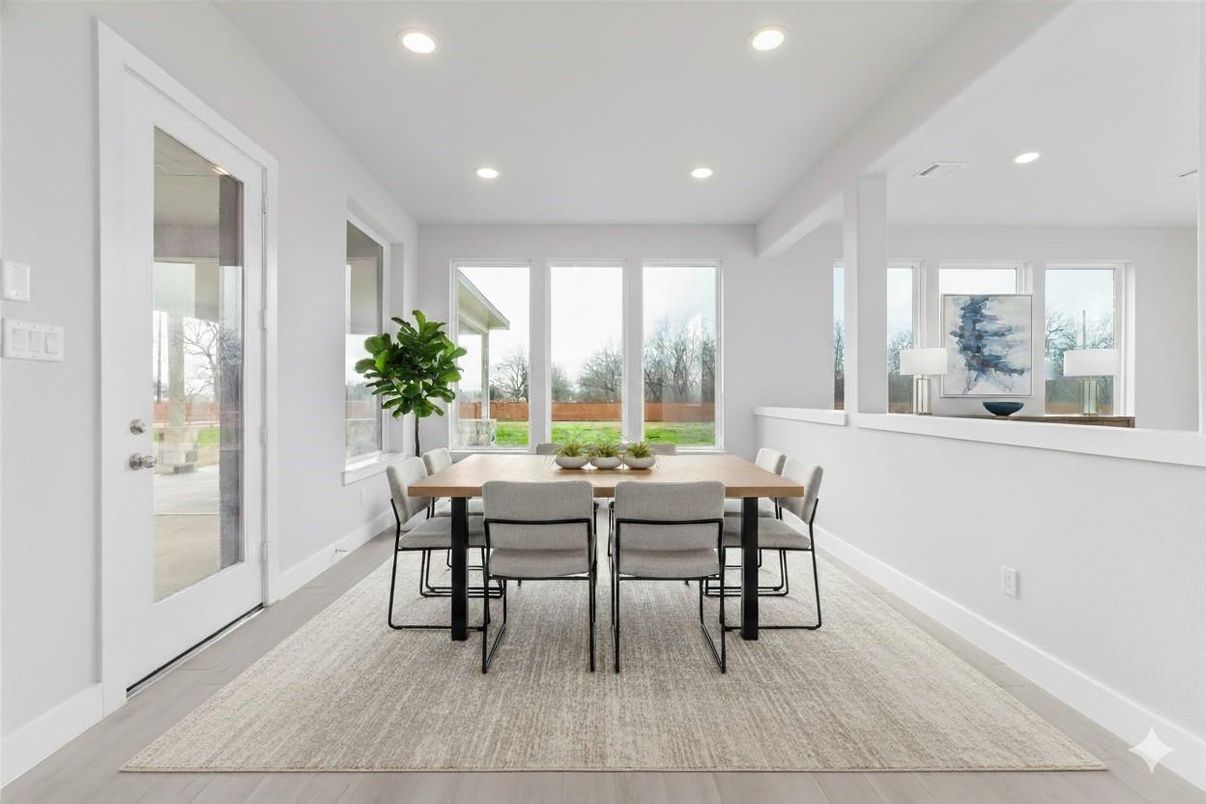 Dining room, Interior, Recessed Lighting, Wood Texture Flooring