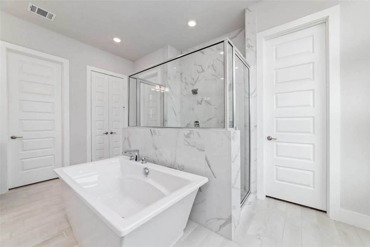 Bathroom, Glass Shower, Interior, Marble Walls, Recessed Lighting, Wood Texture Flooring