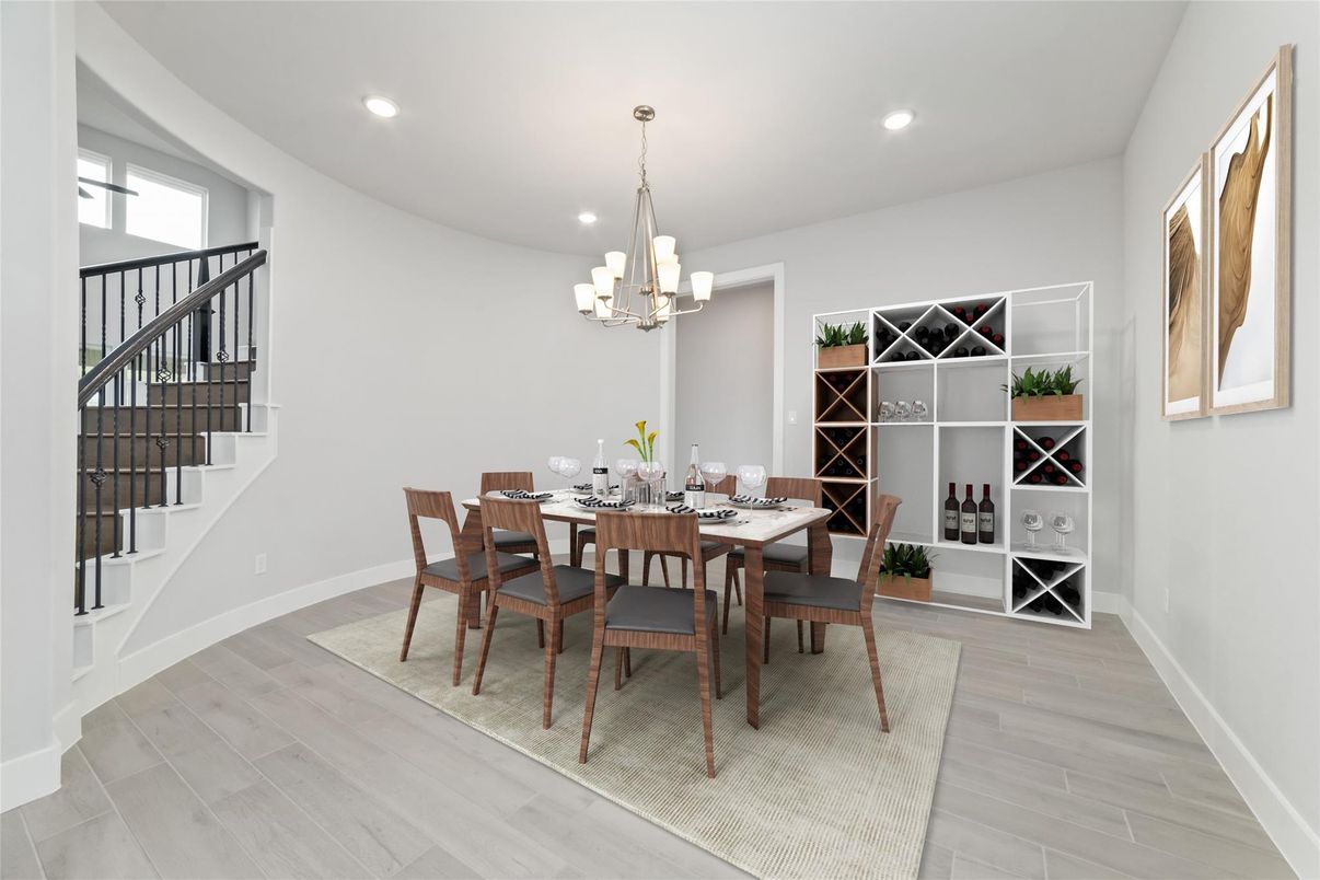 Chandelier, Dining room, Interior, Recessed Lighting, Wood Texture Flooring