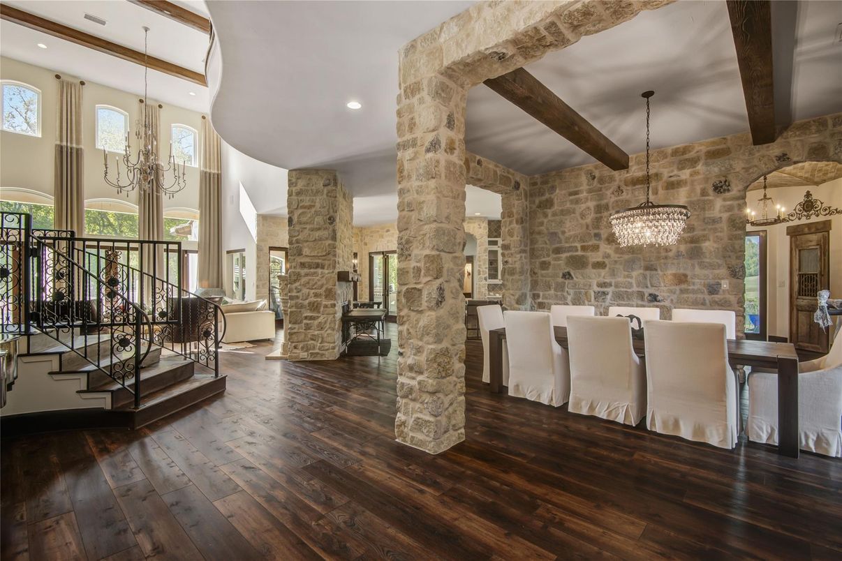 Chandelier, Dining room, Interior, Pendant Lights, Recessed Lighting, Stone Walls, Wooden Beams, Wood Texture Flooring