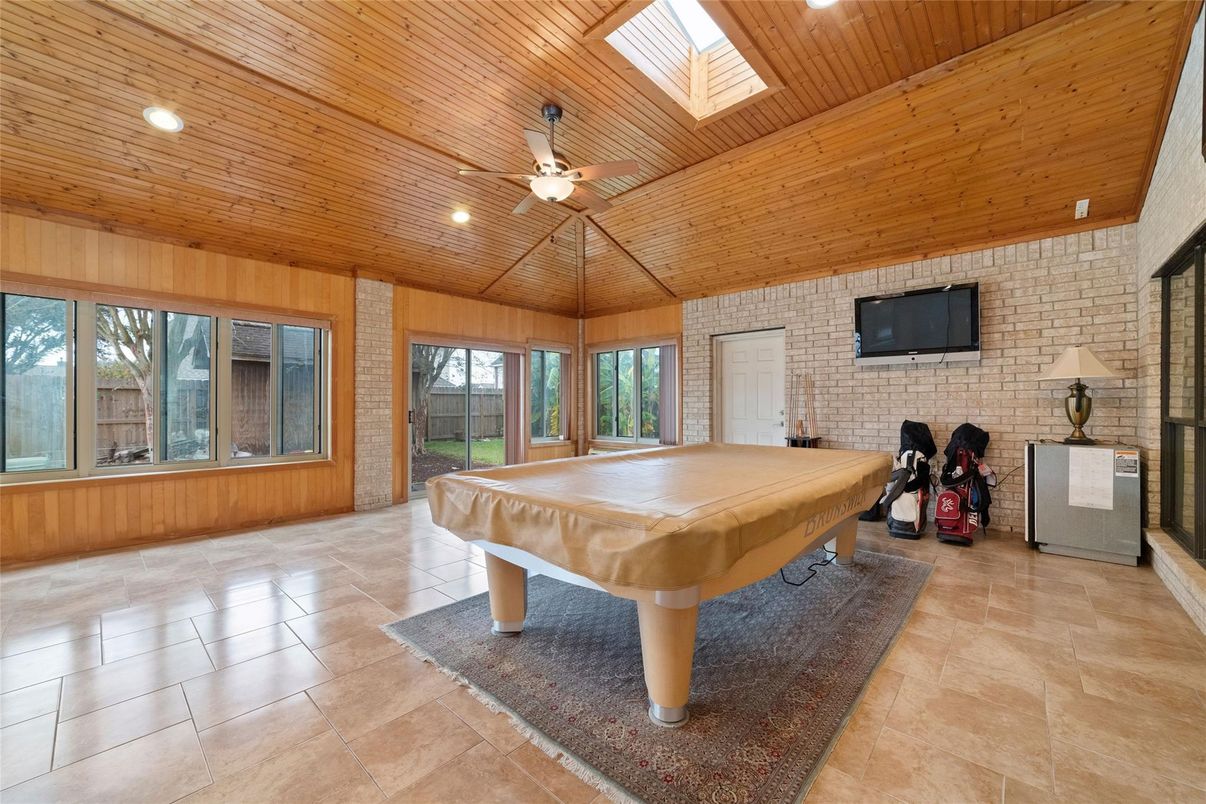 Billiard Table, Game Room, Interior, Recessed Lighting, Stone Walls, Wooden Ceilings