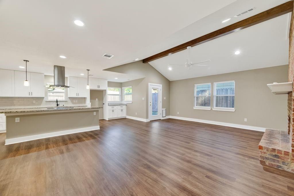 Empty room, Interior, Kitchen, Pendant Lights, Recessed Lighting, Wooden Beams, Wood Texture Flooring