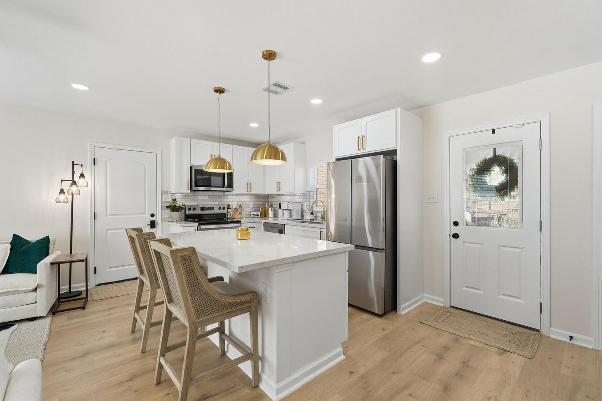 Interior, Kitchen, Pendant Lights, Recessed Lighting, Stainless Steel Appliances, Wood Texture Flooring