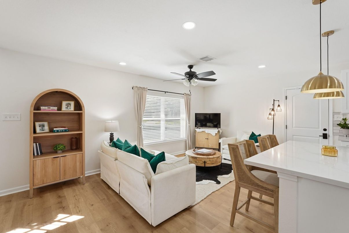 Dining room, Interior, Kitchen, Living room, Pendant Lights, Recessed Lighting, Wood Texture Flooring