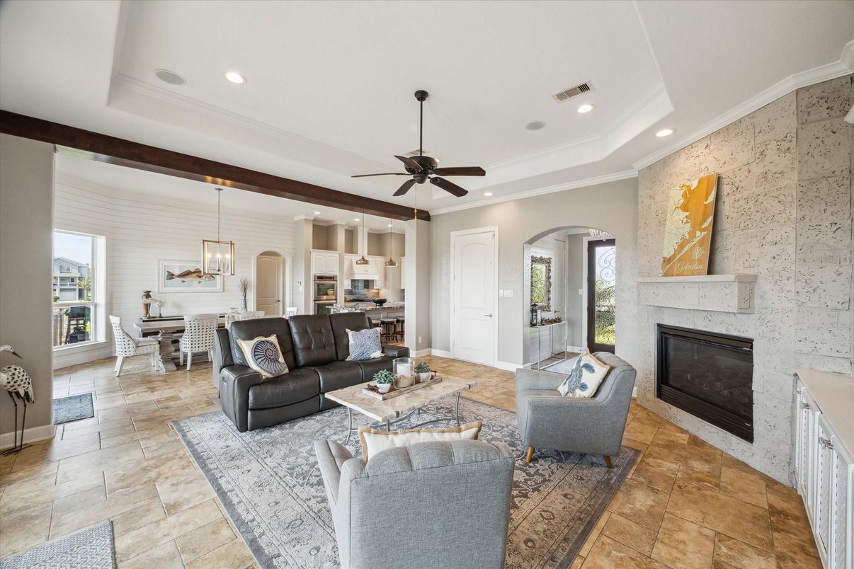 Dining room, Fireplace, Interior, Kitchen, Living room, Pendant Lights, Recessed Lighting, Stainless Steel Appliances, Stone Walls
