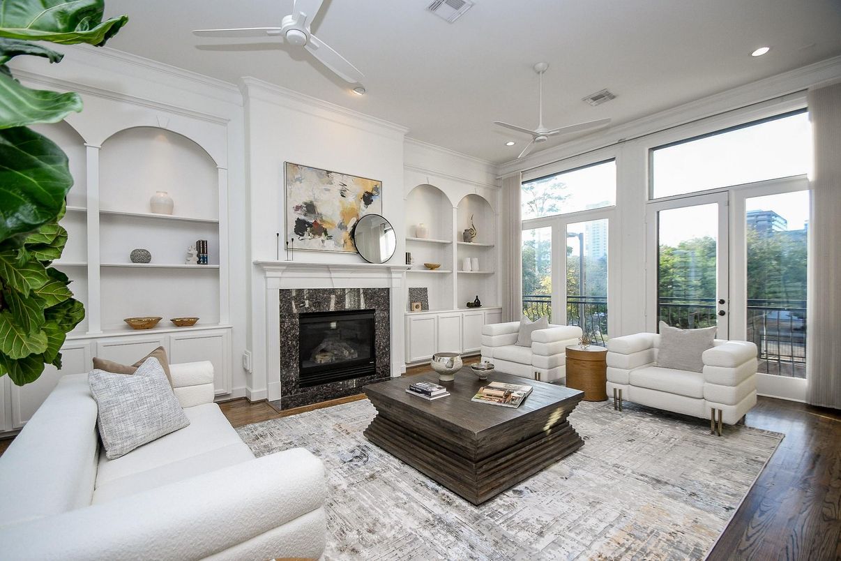 Fireplace, Interior, Living room, Recessed Lighting, Wood Texture Flooring