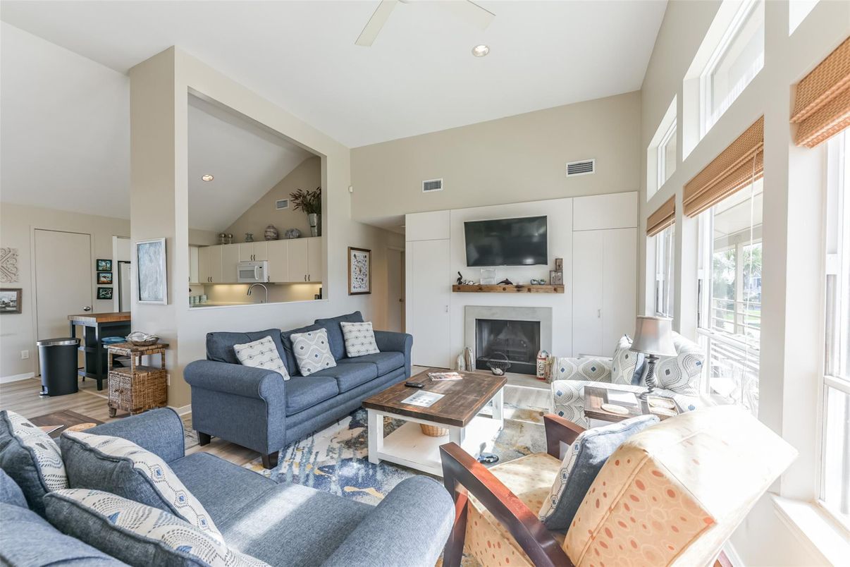 Fireplace, Interior, Living room, Recessed Lighting, Wood Texture Flooring