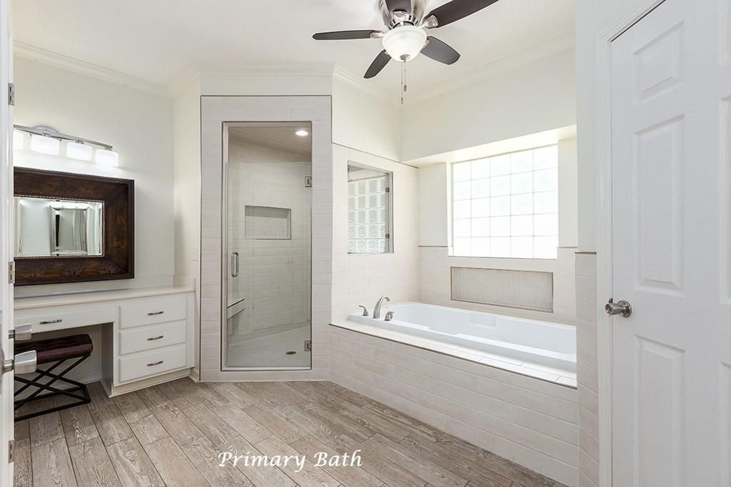 Bathroom, Glass Shower, Interior, Recessed Lighting, Wood Texture Flooring