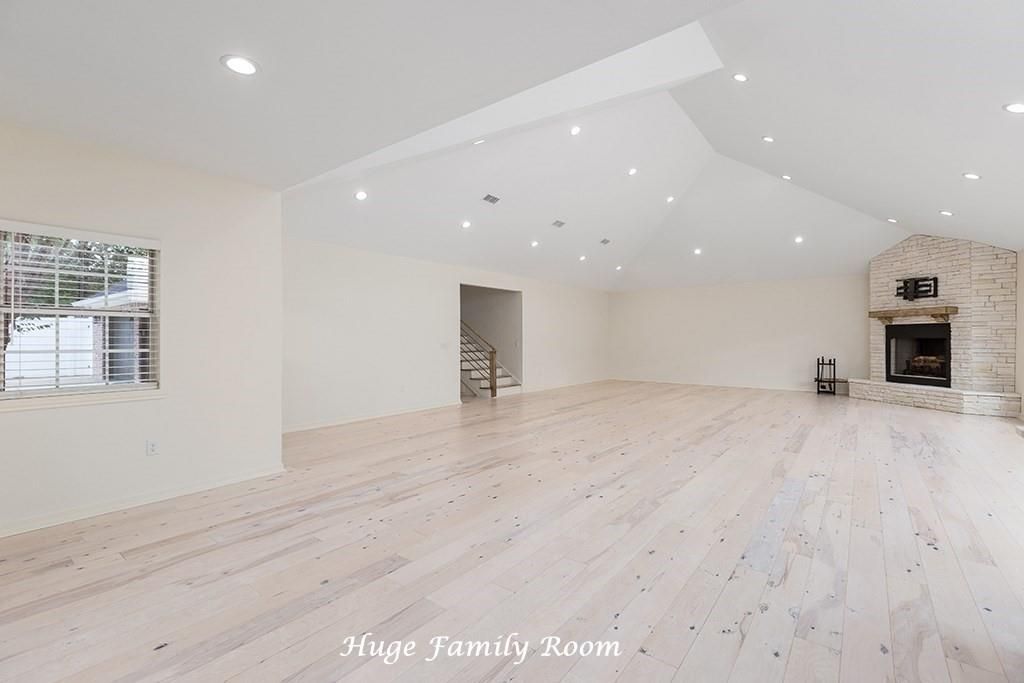 Empty room, Fireplace, Interior, Recessed Lighting, Wood Texture Flooring