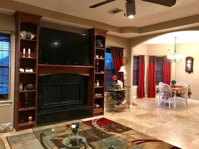 Chandelier, Dining room, Fireplace, Interior, Recessed Lighting