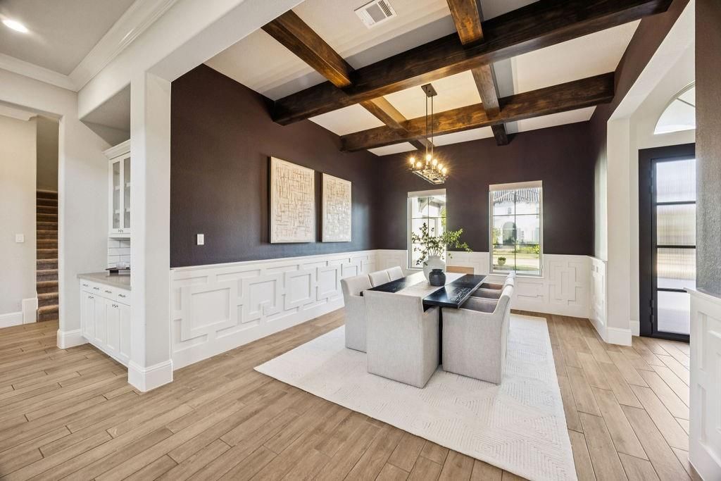 Chandelier, Dining room, Interior, Recessed Lighting, Wooden Beams, Wood Texture Flooring