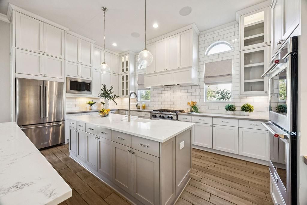 Interior, Kitchen, Pendant Lights, Recessed Lighting, Stainless Steel Appliances, Wood Texture Flooring