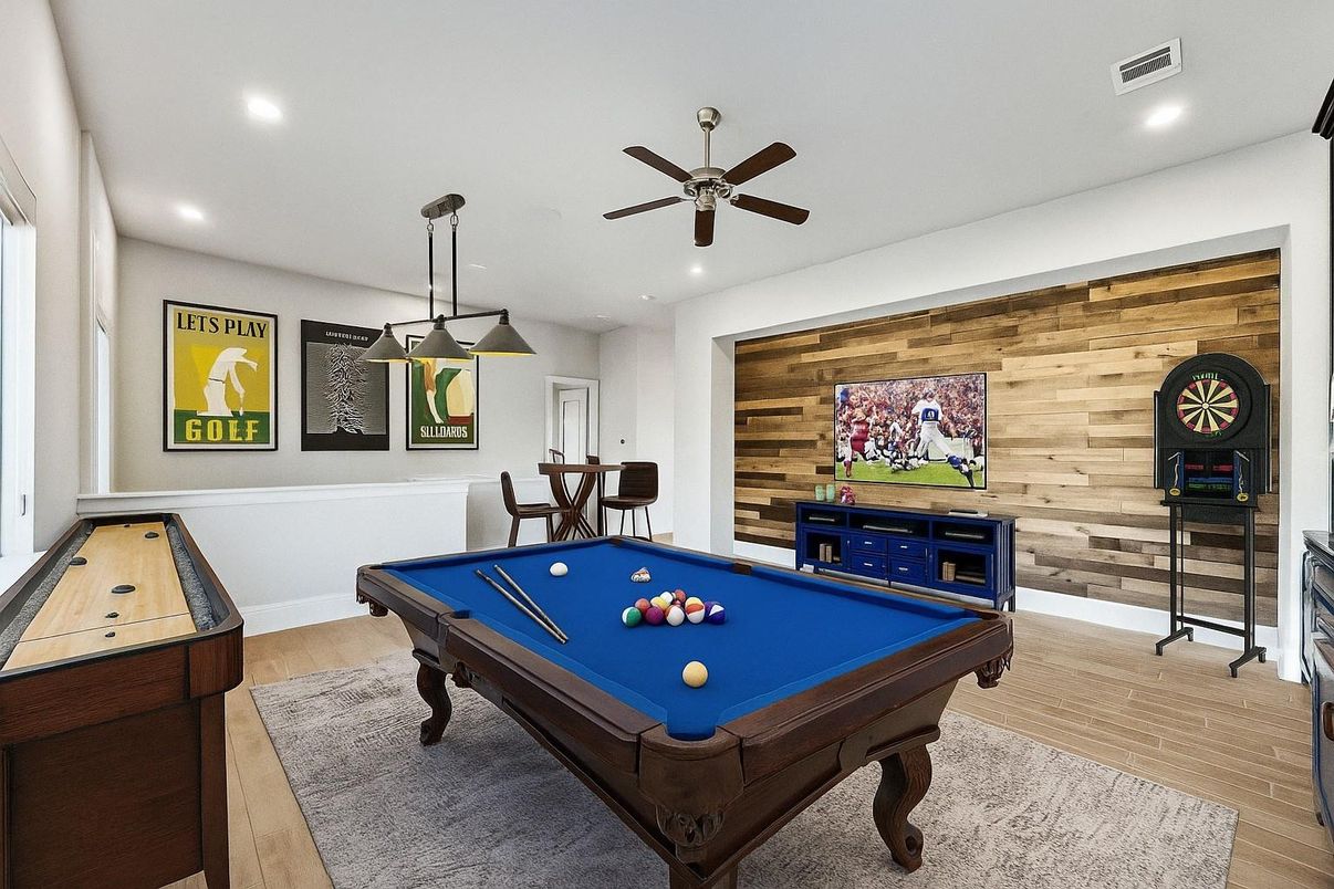 Billiard Table, Game Room, Interior, Pendant Lights, Recessed Lighting, Wood Texture Flooring, Wooden Walls