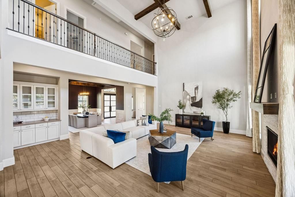 Chandelier, Fireplace, Interior, Living room, Recessed Lighting, Wooden Beams, Wood Texture Flooring