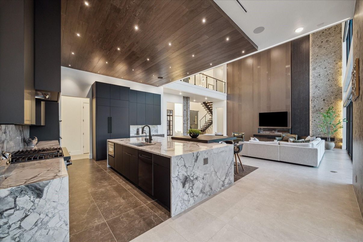 Interior, Kitchen, Living room, Marble, Recessed Lighting, Stainless Steel Appliances, Wooden Ceilings