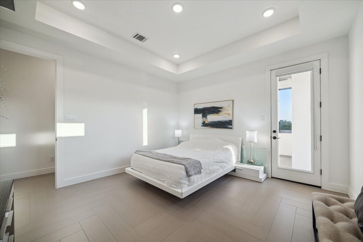 Bedroom, Interior, Recessed Lighting, Wood Texture Flooring