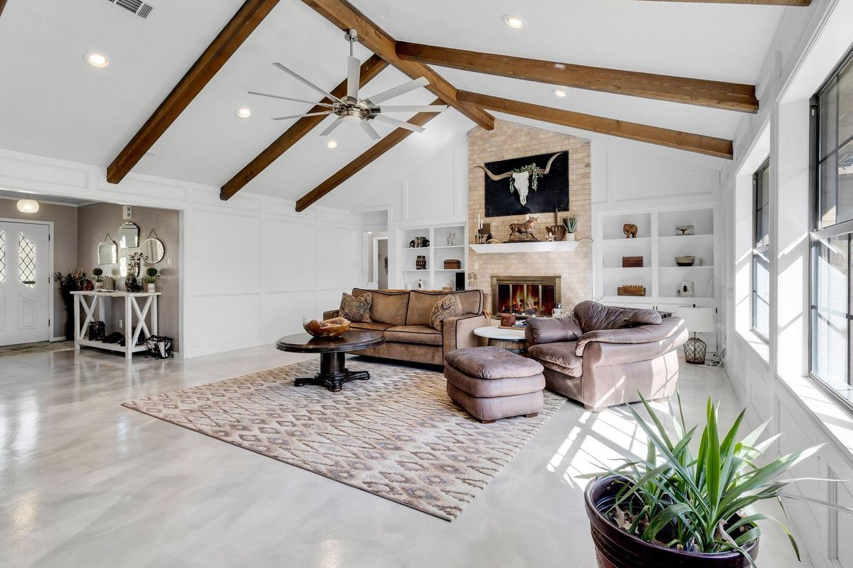 Fireplace, Interior, Living room, Recessed Lighting, Stone Walls, Wooden Beams