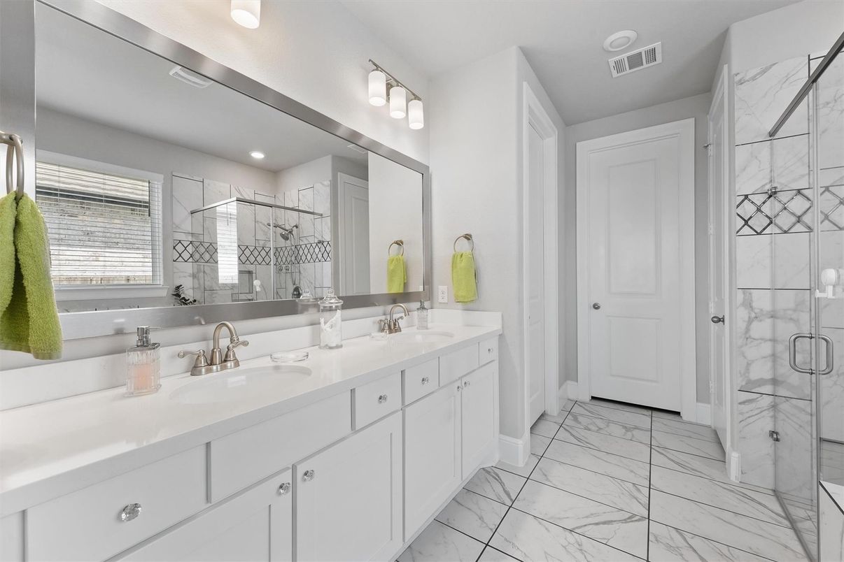 Bathroom, Dual Sink Vanities, Glass Shower, Interior, Marble, Marble Walls, Recessed Lighting