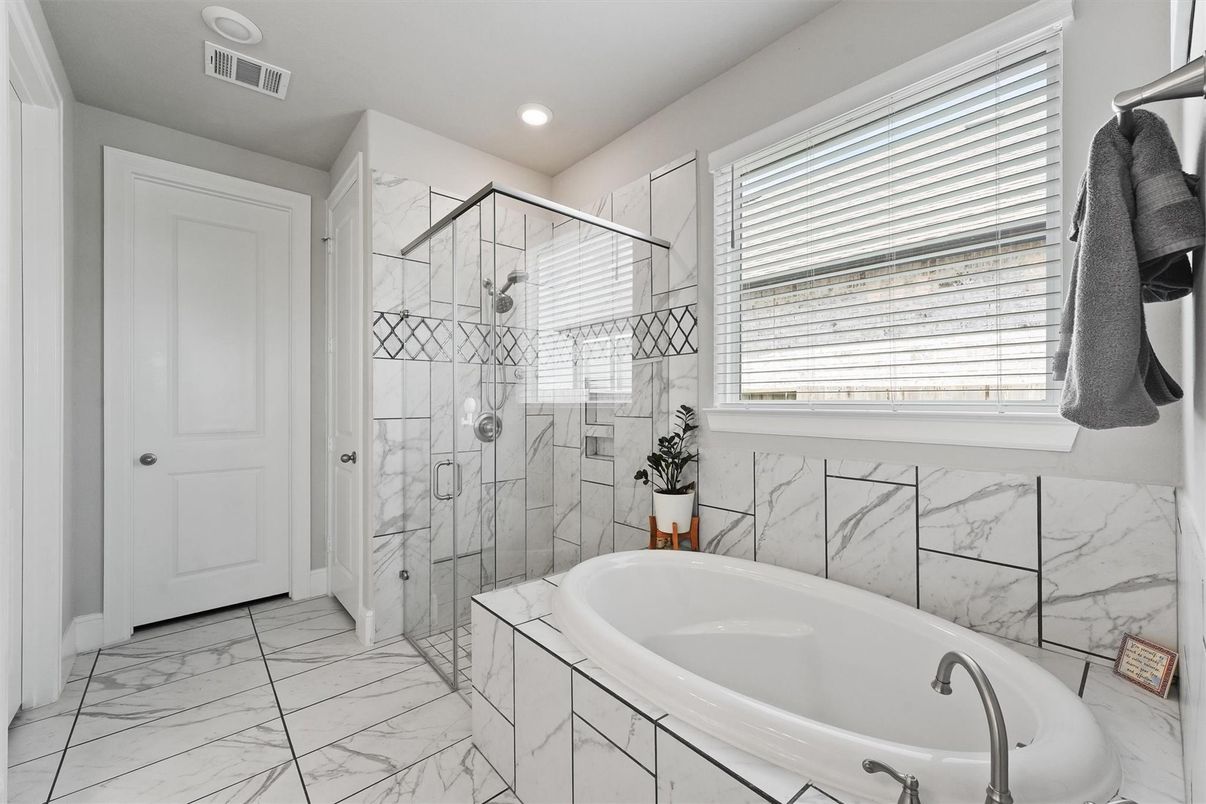 Bathroom, Glass Shower, Interior, Marble, Marble Walls, Recessed Lighting