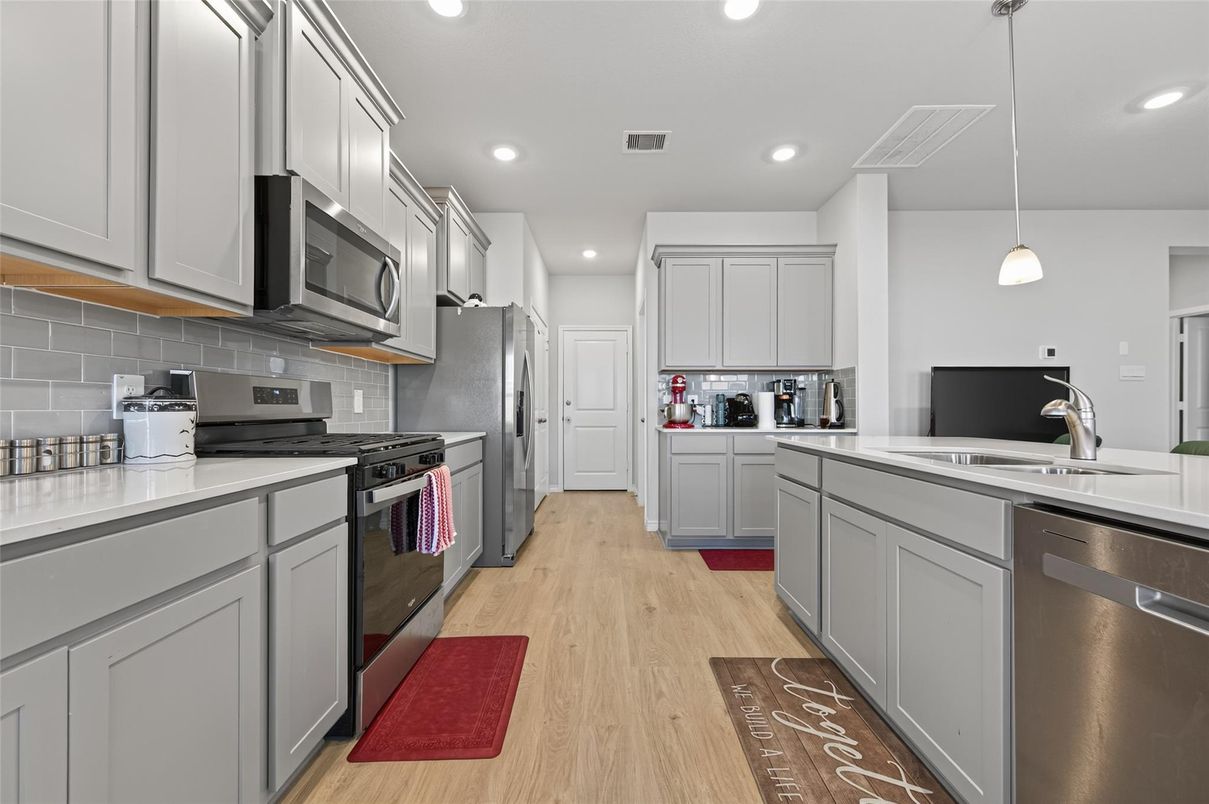 Interior, Kitchen, Pendant Lights, Recessed Lighting, Stainless Steel Appliances, Wood Texture Flooring