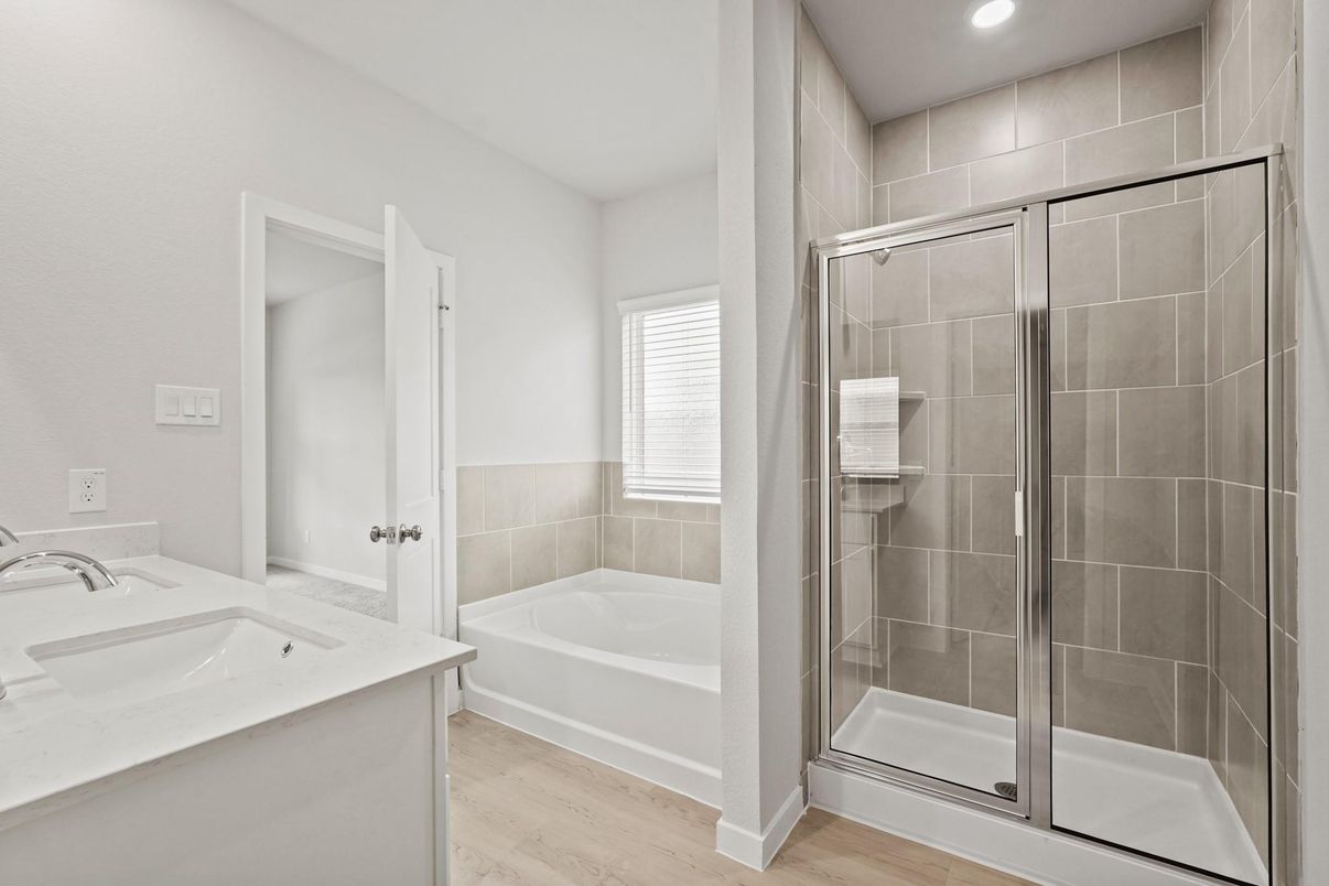 Bathroom, Glass Shower, Interior, Recessed Lighting, Wood Texture Flooring