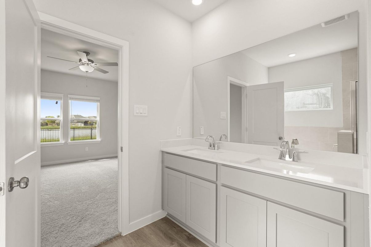 Bathroom, Dual Sink Vanities, Interior, Recessed Lighting, Wood Texture Flooring