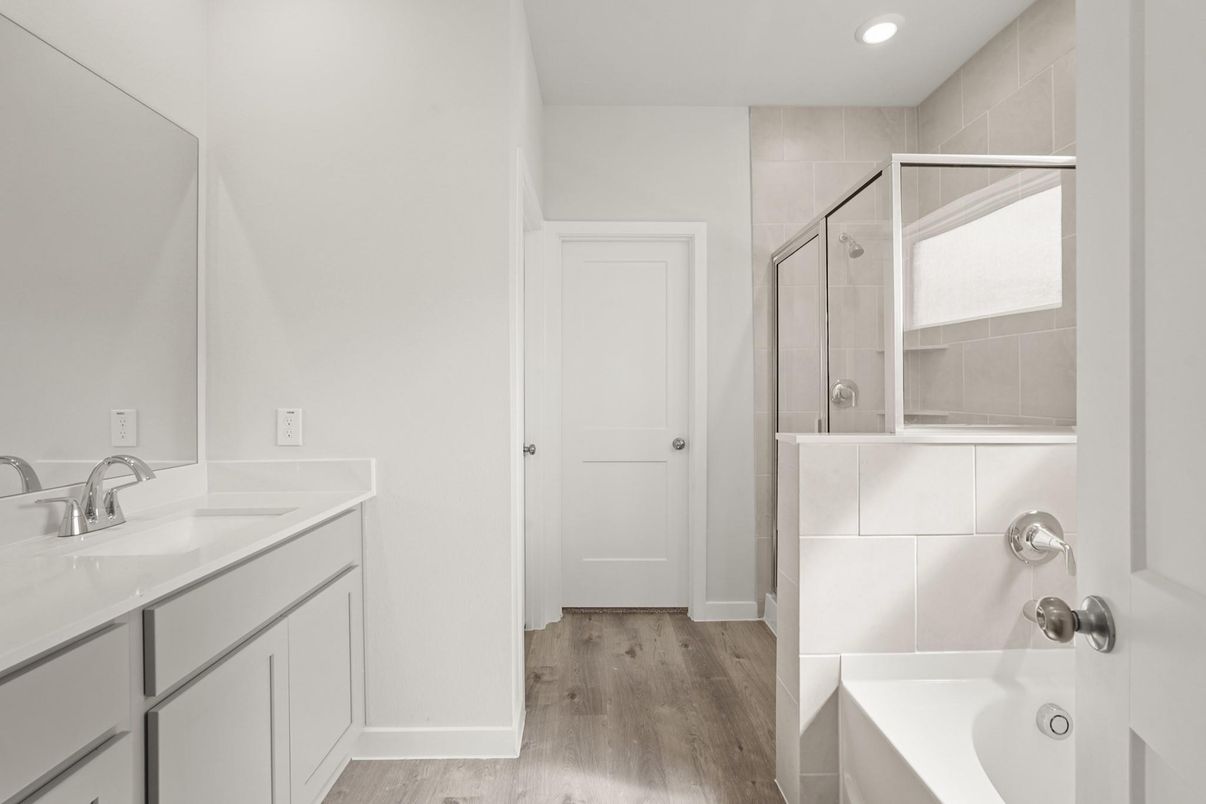 Bathroom, Dual Sink Vanities, Interior, Recessed Lighting, Wood Texture Flooring