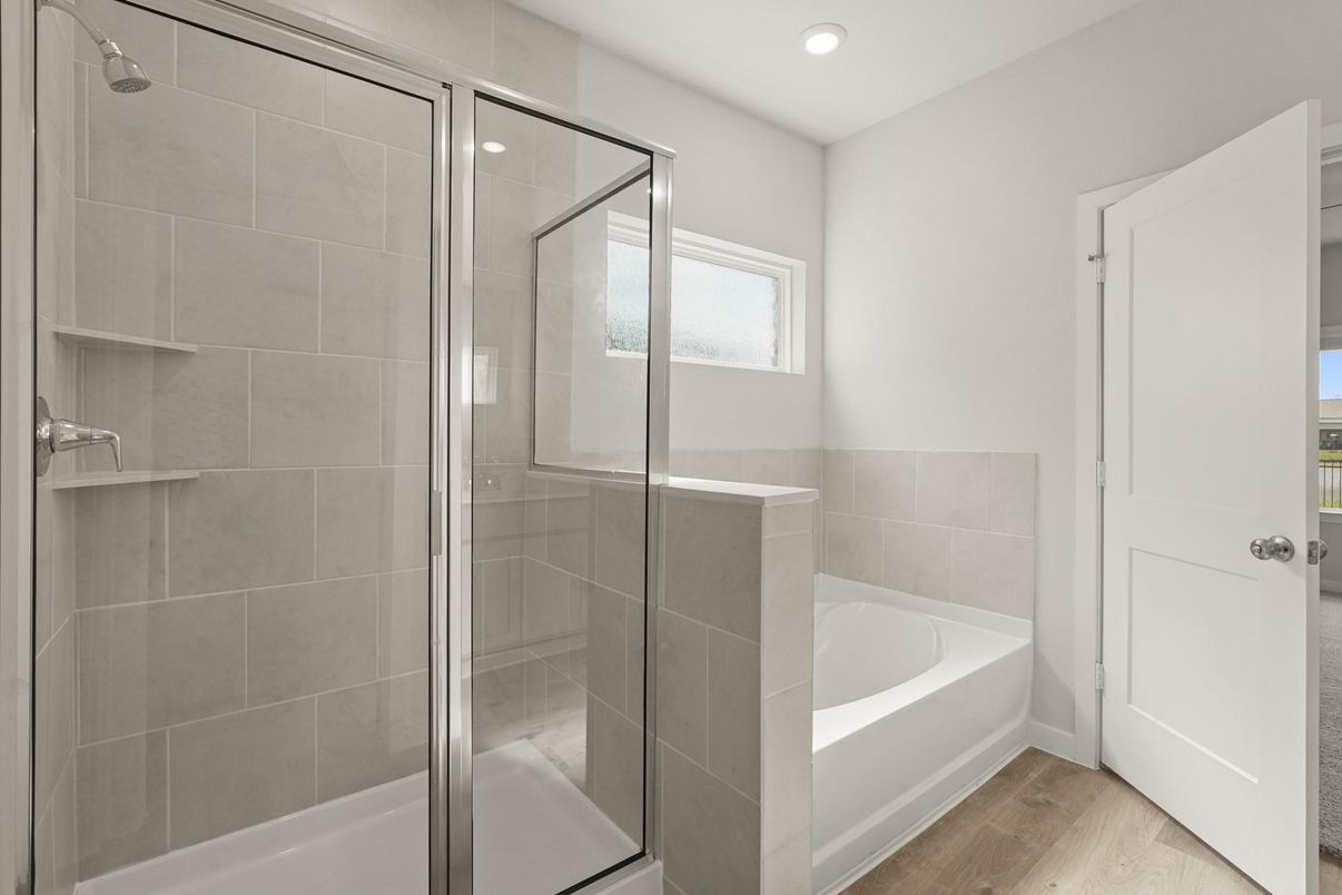 Bathroom, Glass Shower, Interior, Recessed Lighting, Wood Texture Flooring