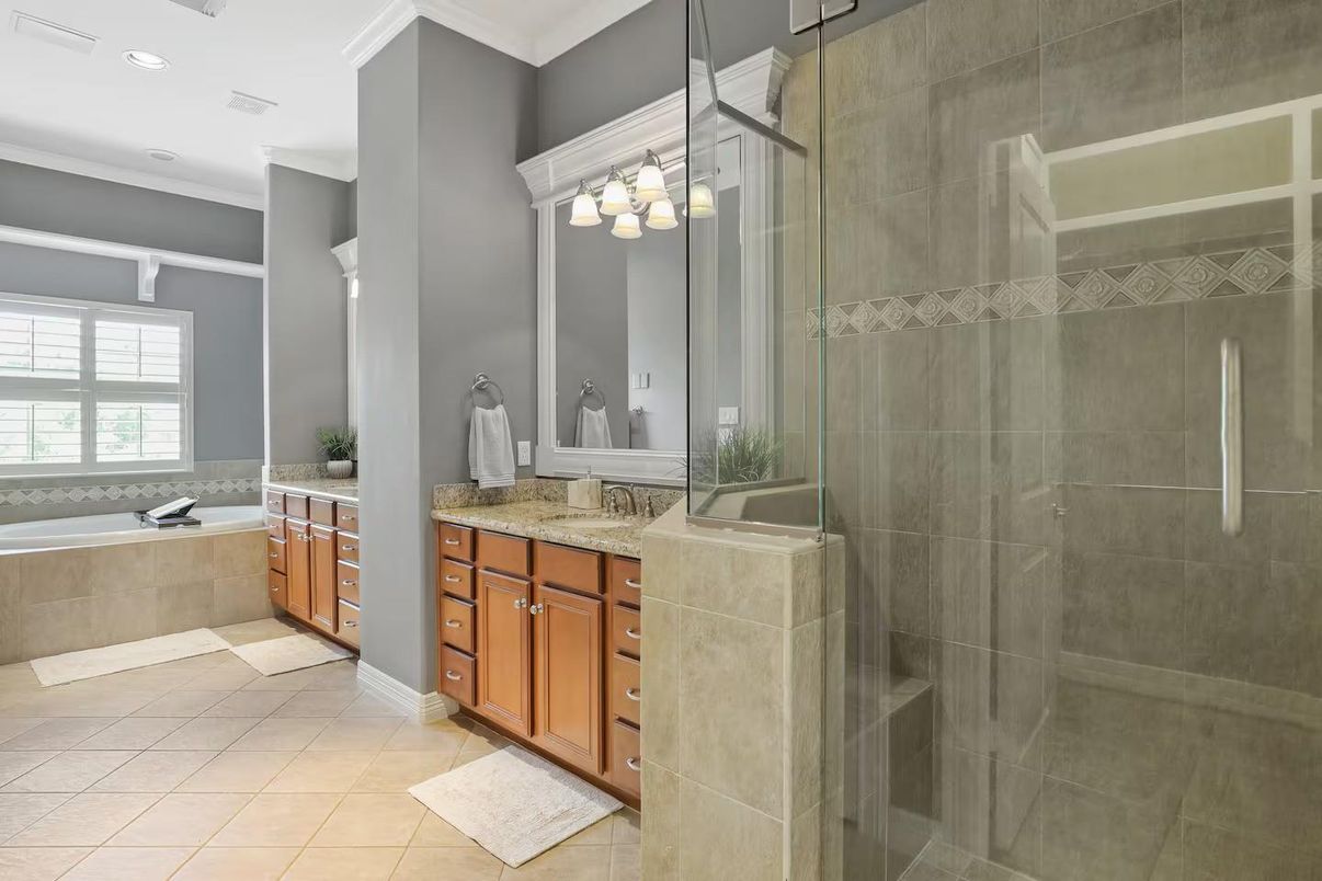 Bathroom, Dual Sink Vanities, Glass Shower, Interior, Recessed Lighting
