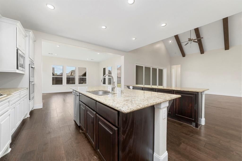 Interior, Kitchen, Recessed Lighting, Wooden Beams, Wood Texture Flooring