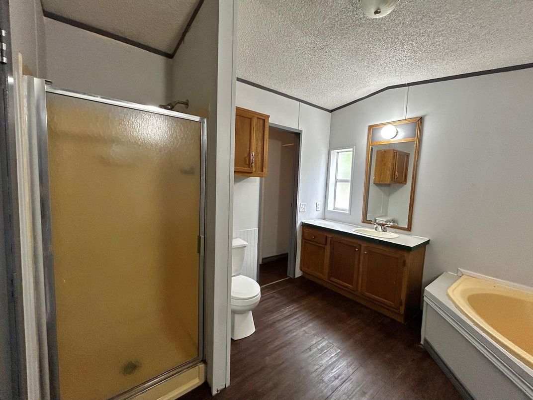 Bathroom, Glass Shower, Interior, Wood Texture Flooring