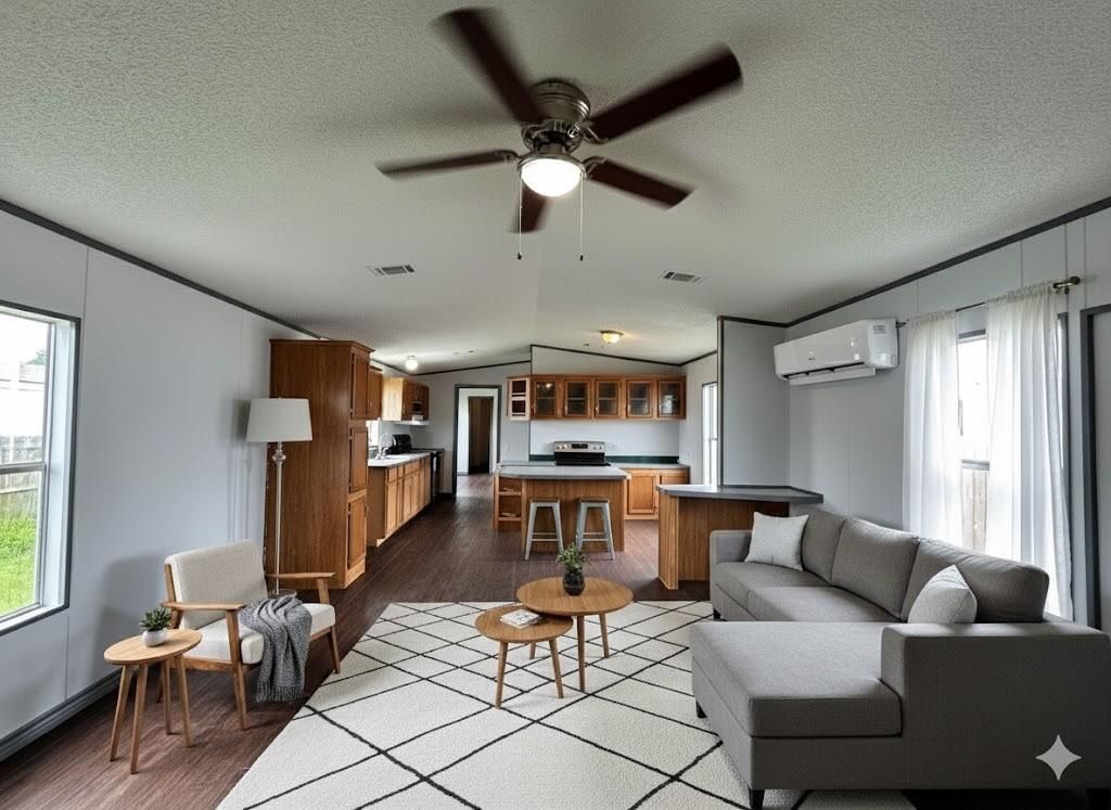 Interior, Kitchen, Living room, Stainless Steel Appliances, Wood Texture Flooring