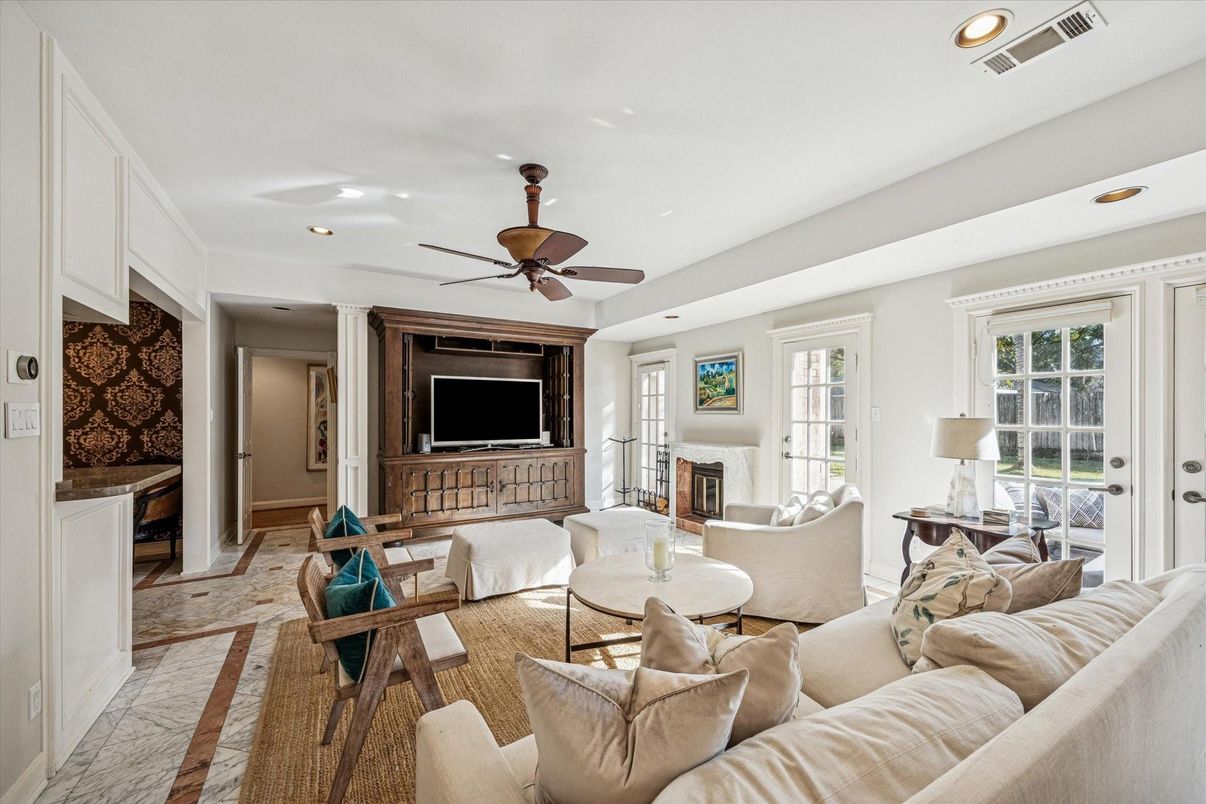 Fireplace, Interior, Living room, Recessed Lighting, Stone Walls