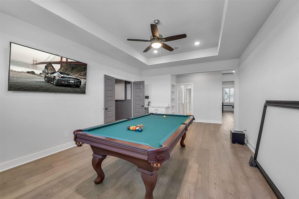 Billiard Table, Game Room, Interior, Recessed Lighting, Wood Texture Flooring