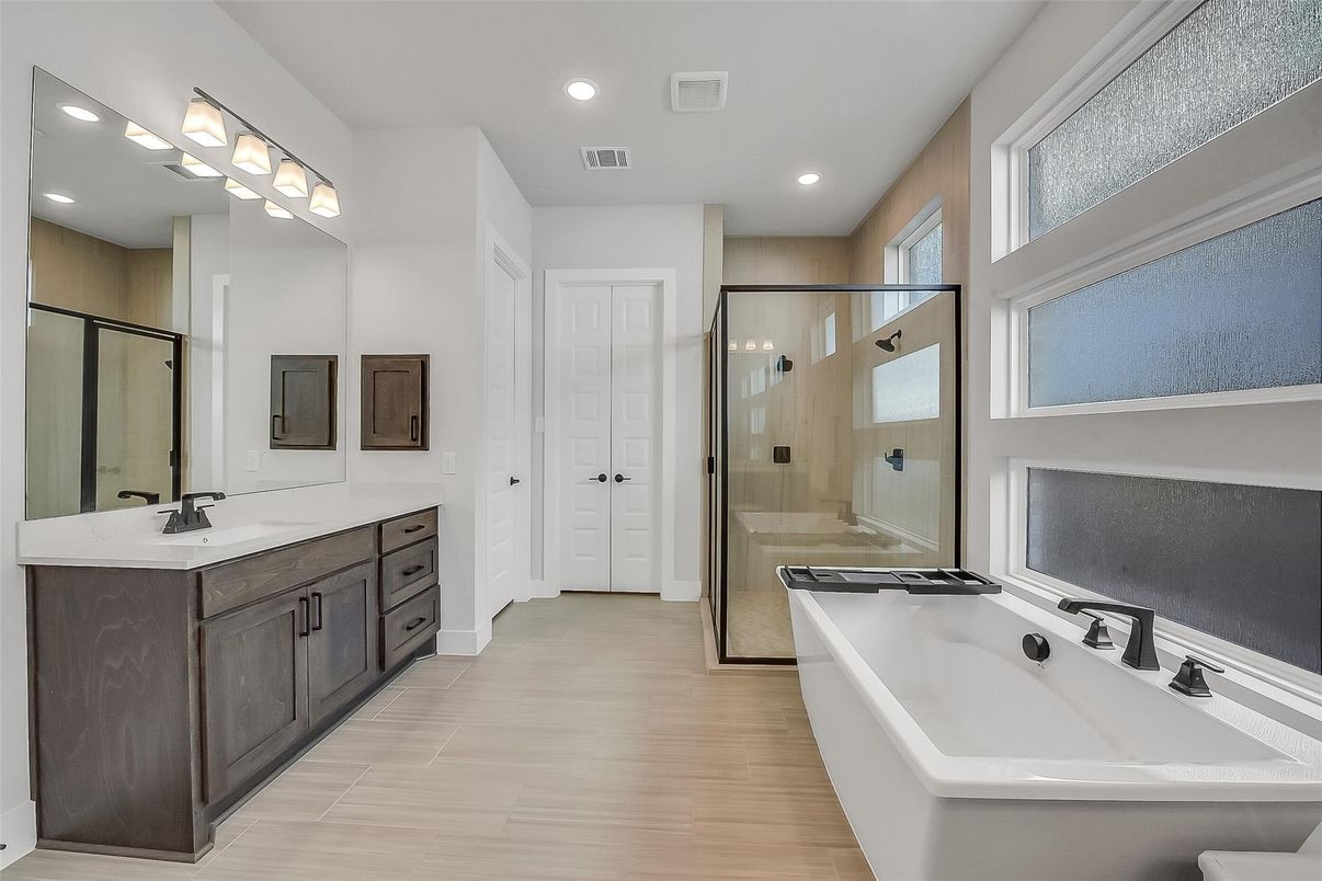 Bathroom, Dual Sink Vanities, Glass Shower, Interior, Recessed Lighting