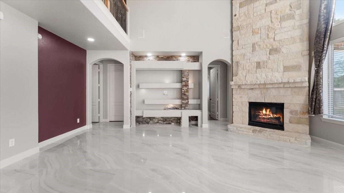 Fireplace, Interior, Marble, Recessed Lighting, Stone Walls