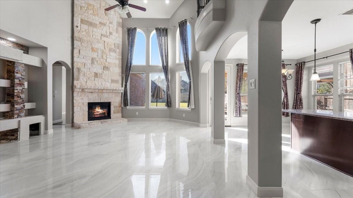 Fireplace, Interior, Marble, Pendant Lights