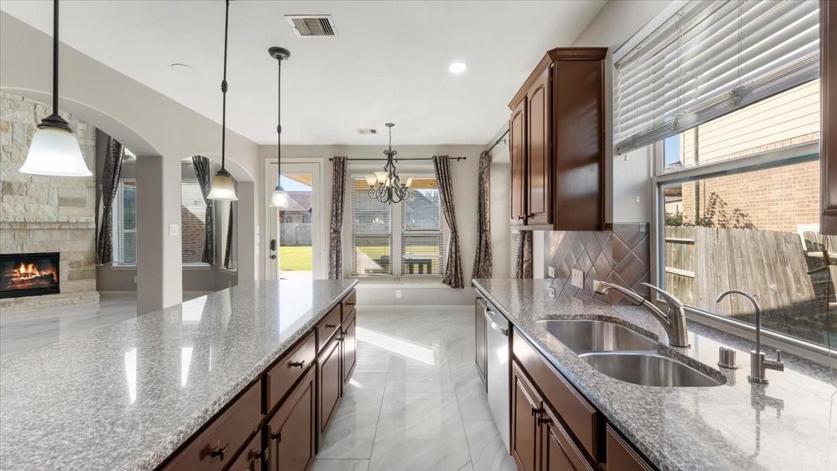 Chandelier, Fireplace, Interior, Kitchen, Marble, Pendant Lights, Recessed Lighting