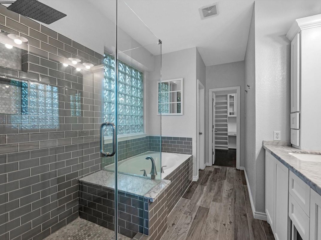 Bathroom, Glass Shower, Interior, Wood Texture Flooring