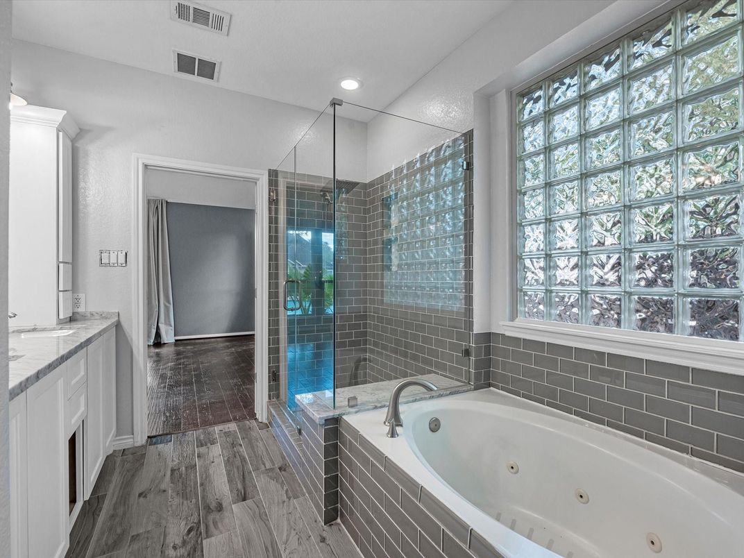 Bathroom, Glass Shower, Interior, Recessed Lighting, Wood Texture Flooring