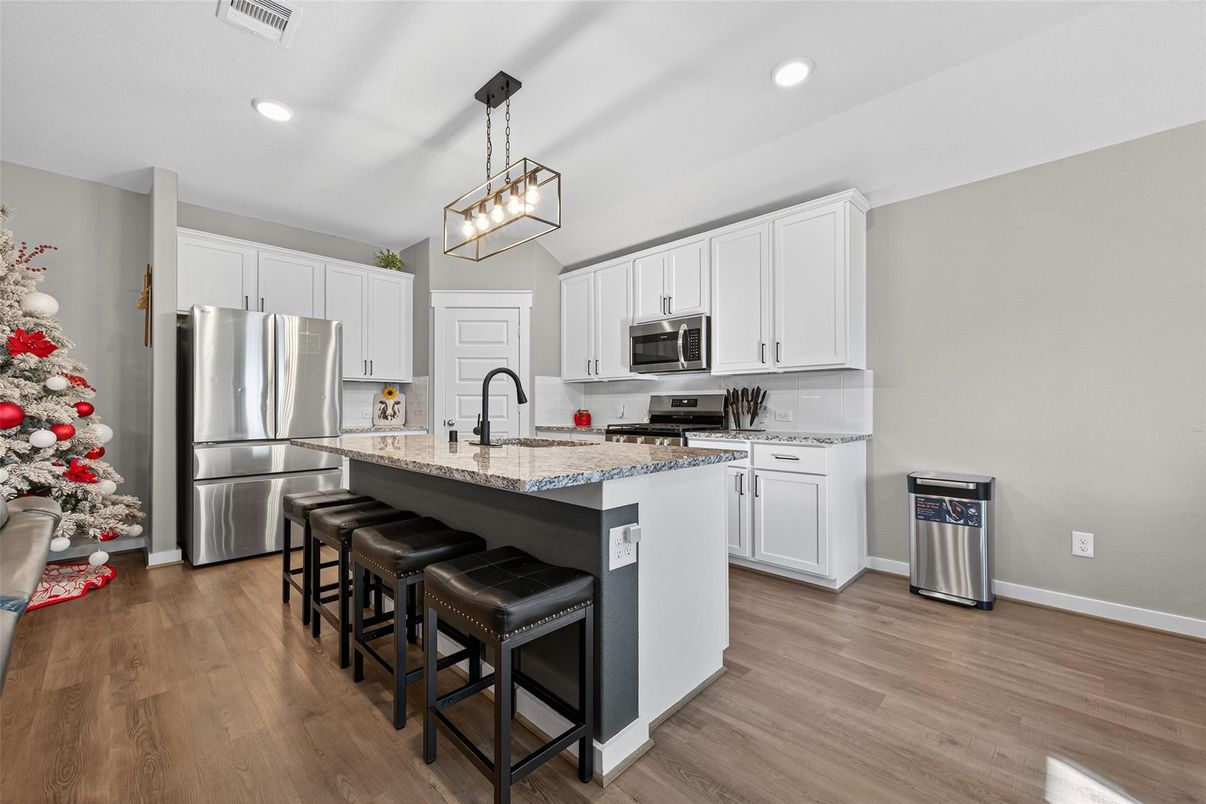 Interior, Kitchen, Pendant Lights, Recessed Lighting, Stainless Steel Appliances, Wood Texture Flooring