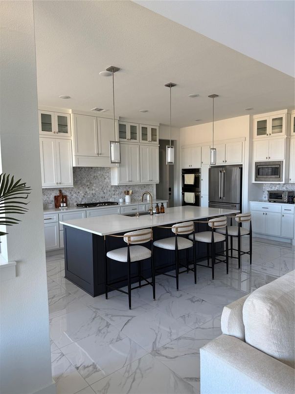 Interior, Kitchen, Marble, Pendant Lights, Recessed Lighting, Stainless Steel Appliances