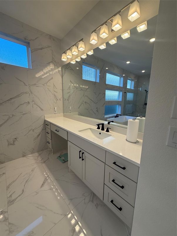 Bathroom, Dual Sink Vanities, Interior, Marble, Marble Walls, Recessed Lighting