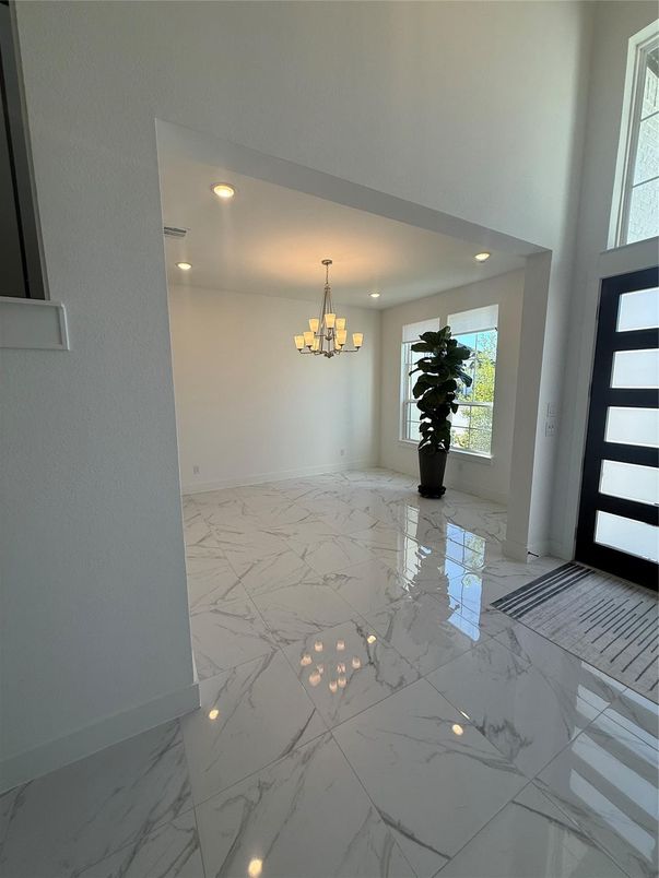 Chandelier, Empty room, Interior, Marble, Recessed Lighting