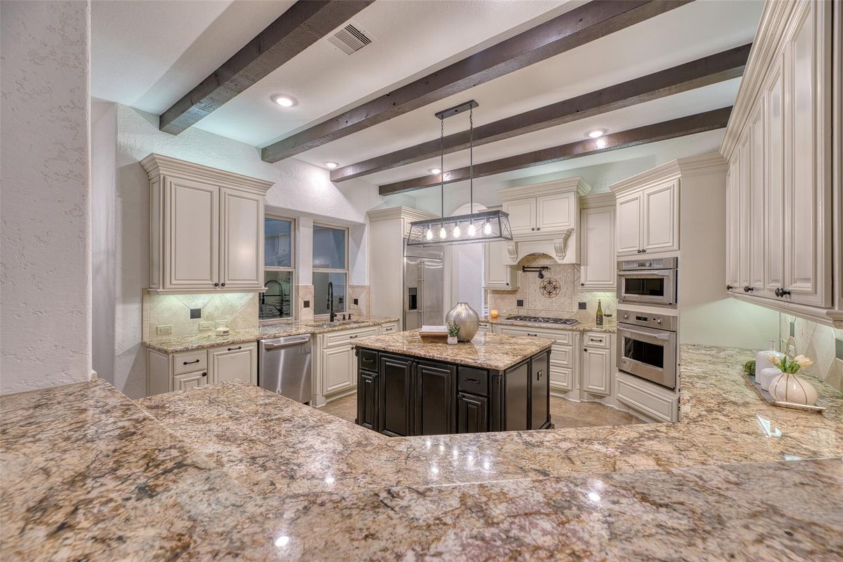 Interior, Kitchen, Pendant Lights, Recessed Lighting, Stainless Steel Appliances, Wooden Beams