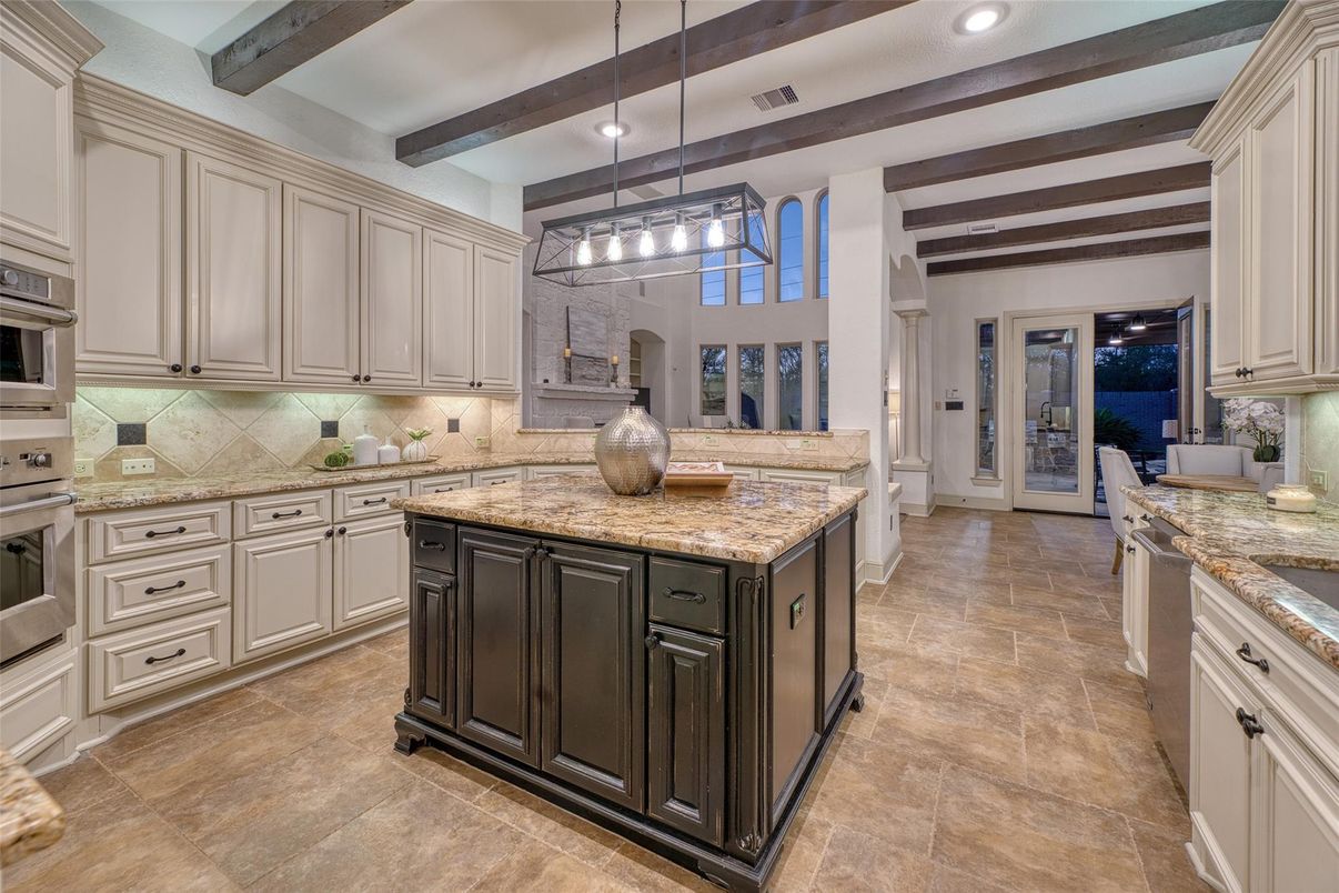 Interior, Kitchen, Pendant Lights, Recessed Lighting, Stainless Steel Appliances, Wooden Beams