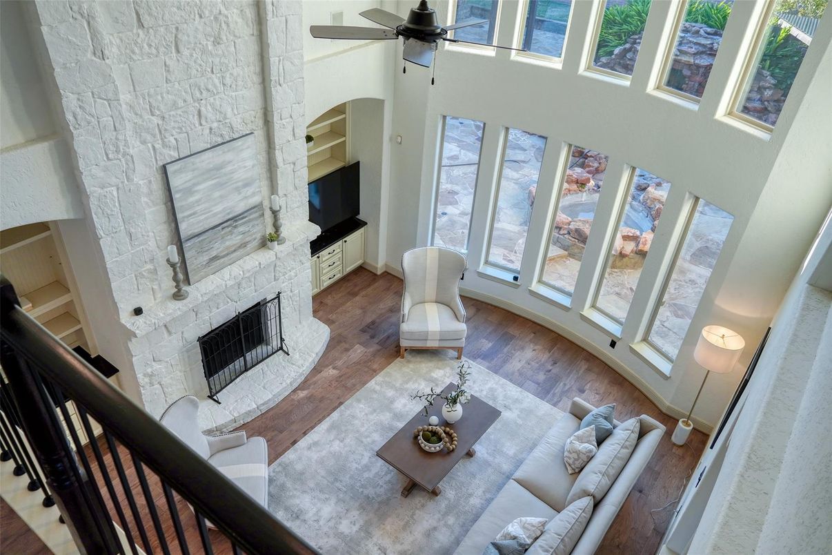 Fireplace, Interior, Living room, Stone Walls, Wood Texture Flooring