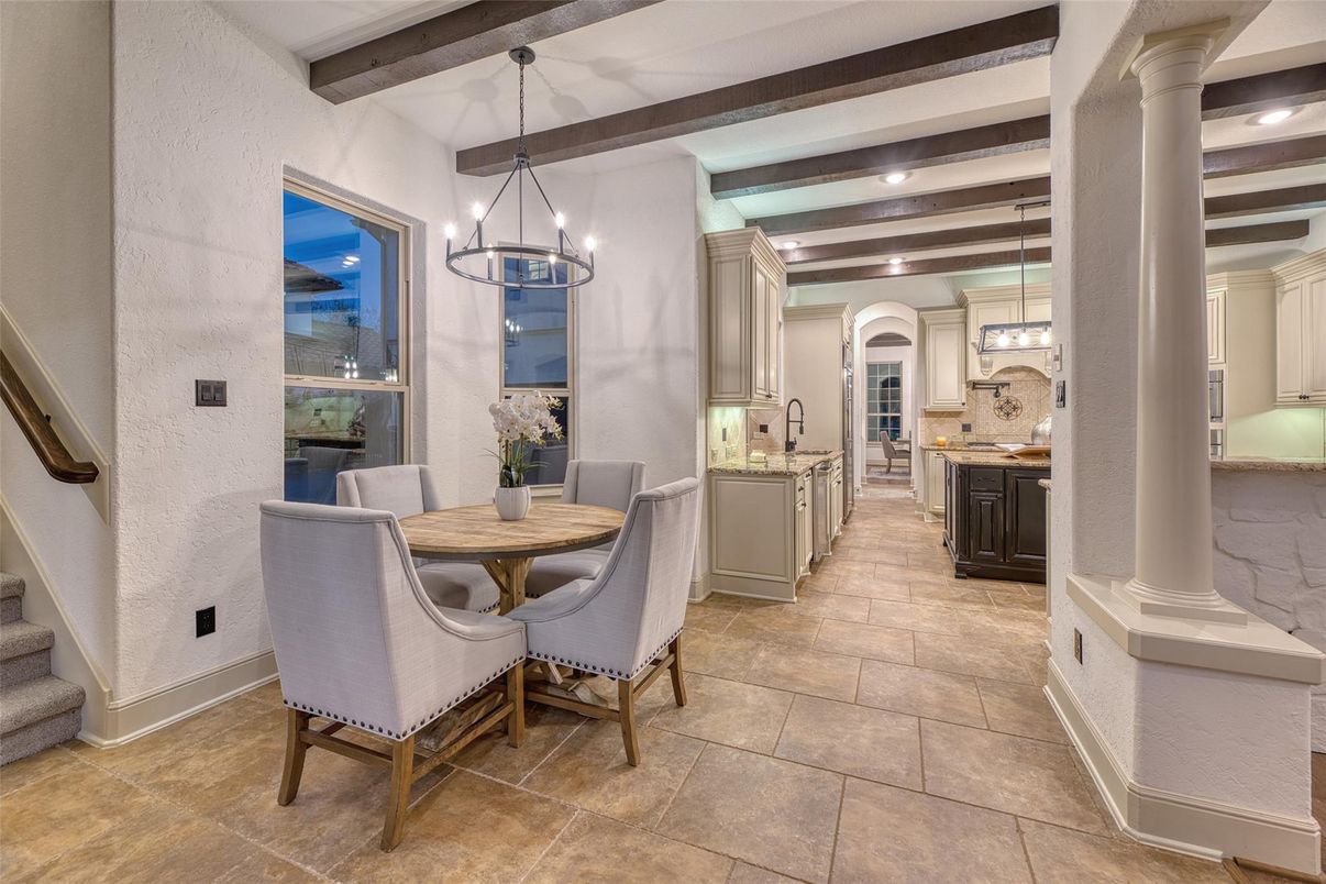 Dining room, Interior, Kitchen, Pendant Lights, Recessed Lighting, Wooden Beams